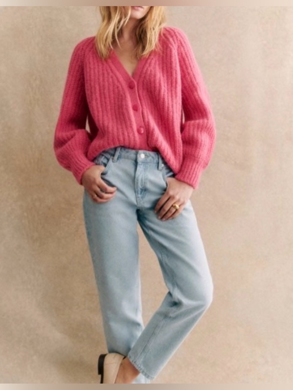 Sezane Basile Cardigan Pop Pink Alpaca Wool Chunky Knit Sweater XS - Picture 4 of 12